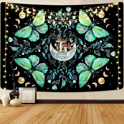 Lyacmy Moth Tapestry Moon Tapestries Mushroom Tapestry Aesthetic Butterfly Tapestry Green Floral Plant Tapestry Wall Hanging for Bedroom(51.2 x 59.1 inches) in Kuwait