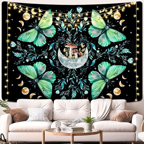Lyacmy Moth Tapestry Moon Tapestries Mushroom Tapestry Aesthetic Butterfly Tapestry Green Floral Plant Tapestry Wall Hanging for Bedroom(51.2 x 59.1 inches) in Kuwait