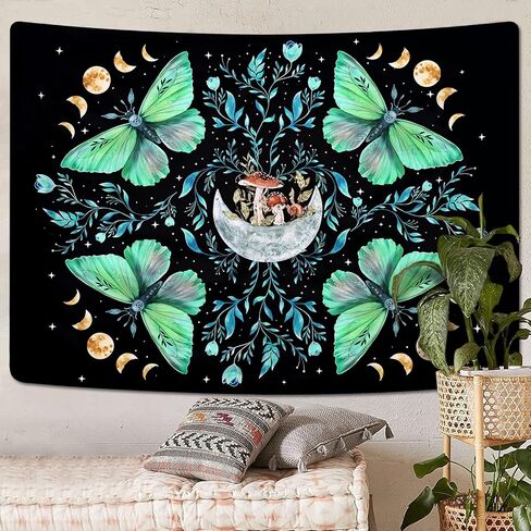 Lyacmy Moth Tapestry Moon Tapestries Mushroom Tapestry Aesthetic Butterfly Tapestry Green Floral Plant Tapestry Wall Hanging for Bedroom(51.2 x 59.1 inches) in Kuwait