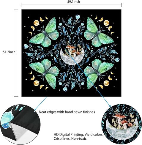 Lyacmy Moth Tapestry Moon Tapestries Mushroom Tapestry Aesthetic Butterfly Tapestry Green Floral Plant Tapestry Wall Hanging for Bedroom(51.2 x 59.1 inches) in Kuwait