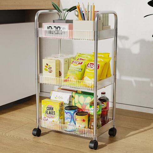NiHome 3-Tier Clear Acrylic Rolling Utility Cart with Handles for Home, Office - Deep Baskets, Secure Braking Wheels & Smooth Surface for Books, Snacks & More, Easy to Assemble Mobile Storage Solution in Saudi Arabia