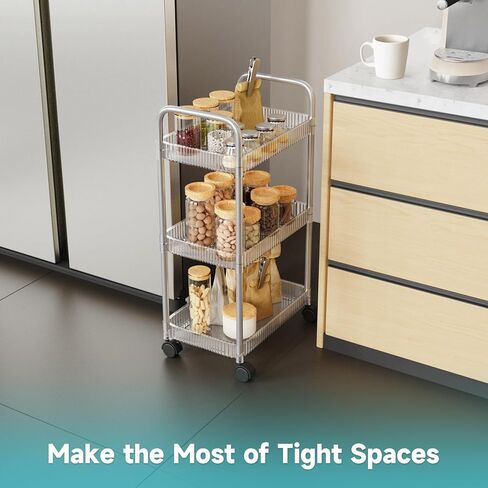 NiHome 3-Tier Clear Acrylic Rolling Utility Cart with Handles for Home, Office - Deep Baskets, Secure Braking Wheels & Smooth Surface for Books, Snacks & More, Easy to Assemble Mobile Storage Solution in Saudi Arabia