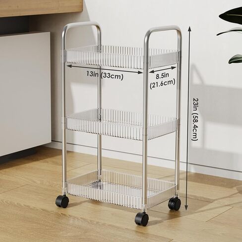 NiHome 3-Tier Clear Acrylic Rolling Utility Cart with Handles for Home, Office - Deep Baskets, Secure Braking Wheels & Smooth Surface for Books, Snacks & More, Easy to Assemble Mobile Storage Solution in Saudi Arabia