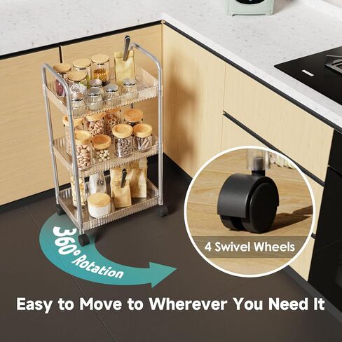 NiHome 3-Tier Clear Acrylic Rolling Utility Cart with Handles for Home, Office - Deep Baskets, Secure Braking Wheels & Smooth Surface for Books, Snacks & More, Easy to Assemble Mobile Storage Solution in Saudi Arabia