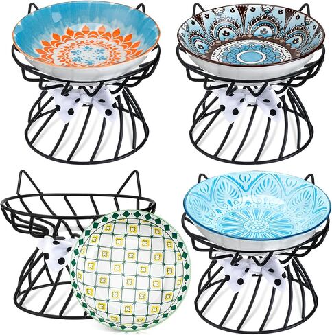 Uiifan 8 Pcs Bohemia Elevated Cat Bowls Set Include 5.5 Inch Raised Cat Bowls with 4 Metal Non Slip Stands for Pet Feeding Water Food(Boho Pattern) in Saudi Arabia