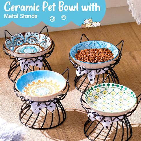 Uiifan 8 Pcs Bohemia Elevated Cat Bowls Set Include 5.5 Inch Raised Cat Bowls with 4 Metal Non Slip Stands for Pet Feeding Water Food(Boho Pattern) in Saudi Arabia