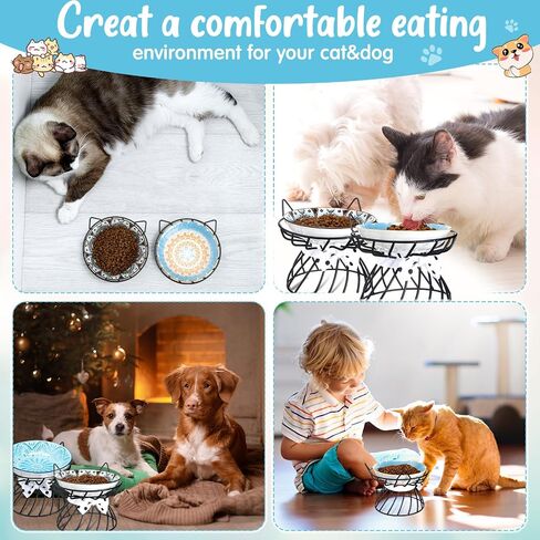 Uiifan 8 Pcs Bohemia Elevated Cat Bowls Set Include 5.5 Inch Raised Cat Bowls with 4 Metal Non Slip Stands for Pet Feeding Water Food(Boho Pattern) in Saudi Arabia