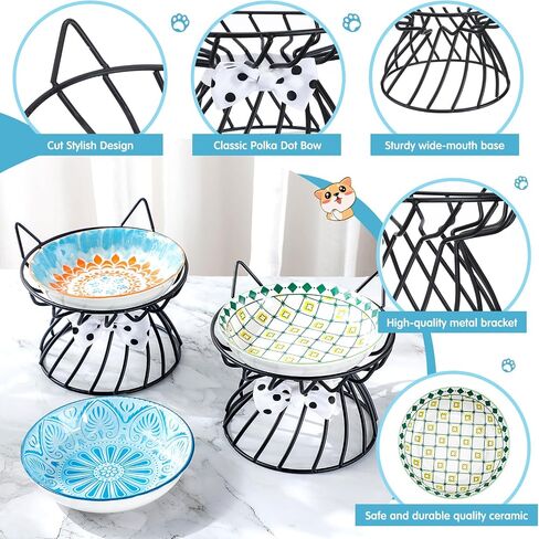 Uiifan 8 Pcs Bohemia Elevated Cat Bowls Set Include 5.5 Inch Raised Cat Bowls with 4 Metal Non Slip Stands for Pet Feeding Water Food(Boho Pattern) in Saudi Arabia