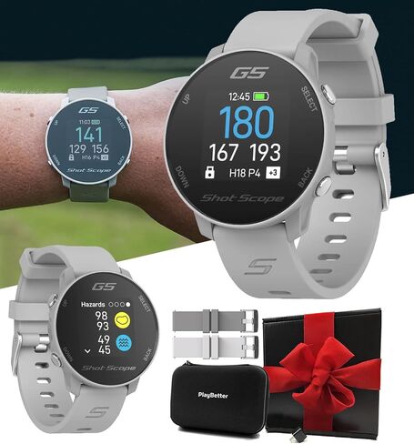 Shot Scope G5 (Gray) GPS Golf Watch - F/B/M Dynamic Yardages to Green & Distances to Doglegs & Layup Points - Gift Box Bundle with Steel Gray & White Straps, PlayBetter Wall Adapter & Hard Case in Saudi Arabia