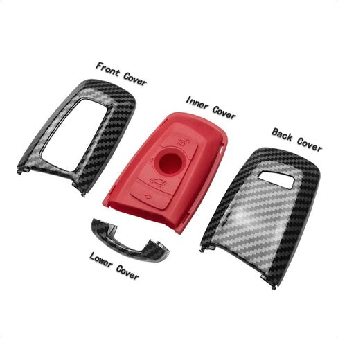 TANGSEN Smart Key Fob Case Compatible with BMW 1 3 4 5 6 7 Series GT3 GT5 M5 M6 X3 X4 3 4 Button Keyless Entry Remote Personalized Protective Cover Plastic Carbon Fiber Pattern Red Silicone in Saudi Arabia