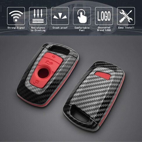 TANGSEN Smart Key Fob Case Compatible with BMW 1 3 4 5 6 7 Series GT3 GT5 M5 M6 X3 X4 3 4 Button Keyless Entry Remote Personalized Protective Cover Plastic Carbon Fiber Pattern Red Silicone in Saudi Arabia