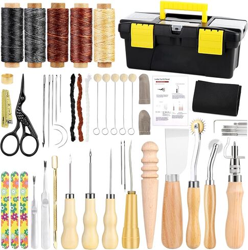أدوات عمل جلدية، خيط شمعي بخمسة ألوان، إبر خياطة يدوية جلدية مع أداة خياطة جلدية، مخرز خياطة، وأدوات جلدية أخرى للمبتدئين من الجلد DIY in Kuwait