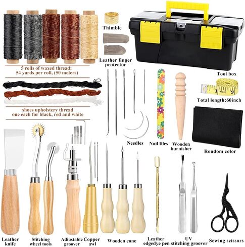 أدوات عمل جلدية، خيط شمعي بخمسة ألوان، إبر خياطة يدوية جلدية مع أداة خياطة جلدية، مخرز خياطة، وأدوات جلدية أخرى للمبتدئين من الجلد DIY in Kuwait