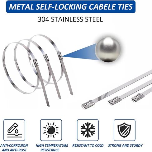 Metal Zip Ties - 304 Stainless Steel Cable Ties Heavy-Duty for Outdoor Fences, Machinery, Vehicles, Exhaust Wrap, Farms, Pipes, and Roofs - 11.8 Inch 100pcs - Self-Locking Cable Ties (100PCS) in Saudi Arabia