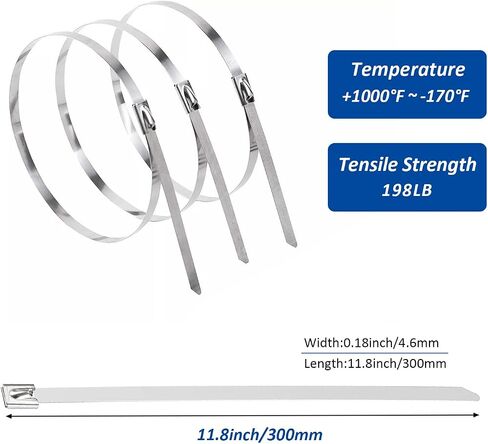 Metal Zip Ties - 304 Stainless Steel Cable Ties Heavy-Duty for Outdoor Fences, Machinery, Vehicles, Exhaust Wrap, Farms, Pipes, and Roofs - 11.8 Inch 100pcs - Self-Locking Cable Ties (100PCS) in Saudi Arabia