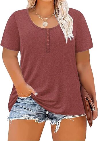 Women's Plus Size Shirt Short Sleeve Button Round Neck Top Basic Ladies Loose Fit T Shirt in Saudi Arabia