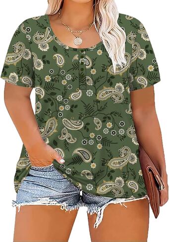 Women's Plus Size Shirt Short Sleeve Button Round Neck Top Basic Ladies Loose Fit T Shirt in Saudi Arabia