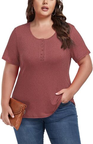 Women's Plus Size Shirt Short Sleeve Button Round Neck Top Basic Ladies Loose Fit T Shirt in Saudi Arabia