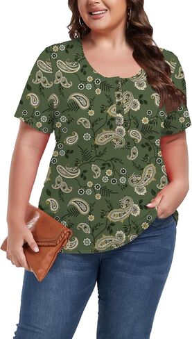 Women's Plus Size Shirt Short Sleeve Button Round Neck Top Basic Ladies Loose Fit T Shirt in Saudi Arabia