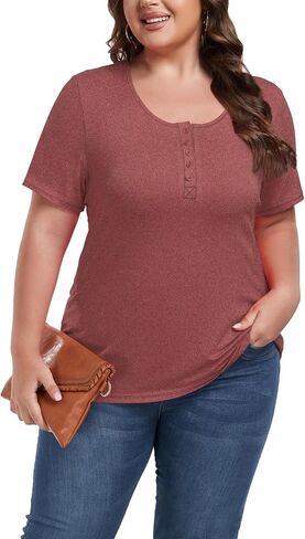 Women's Plus Size Shirt Short Sleeve Button Round Neck Top Basic Ladies Loose Fit T Shirt in Saudi Arabia
