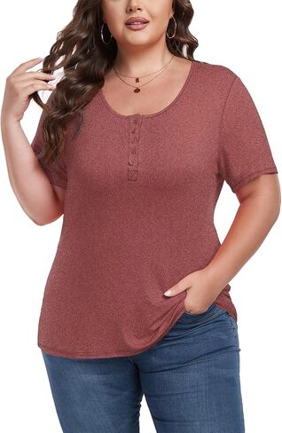 Women's Plus Size Shirt Short Sleeve Button Round Neck Top Basic Ladies Loose Fit T Shirt in Saudi Arabia