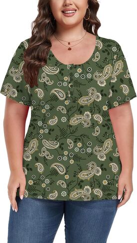 Women's Plus Size Shirt Short Sleeve Button Round Neck Top Basic Ladies Loose Fit T Shirt in Saudi Arabia
