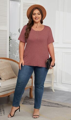 Women's Plus Size Shirt Short Sleeve Button Round Neck Top Basic Ladies Loose Fit T Shirt in Saudi Arabia