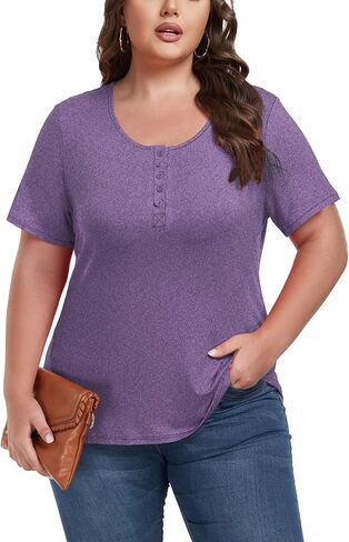 Women's Plus Size Shirt Short Sleeve Button Round Neck Top Basic Ladies Loose Fit T Shirt in Saudi Arabia