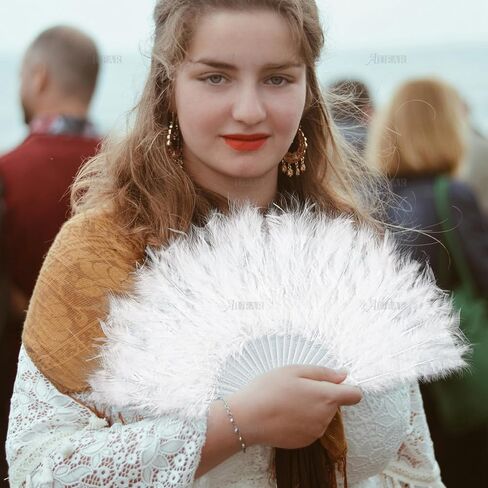 AUEAR, White Vintage Feather Fan with Headband Folding Fans Potrable Small Hand Rave Fans for 20s Costume Party Dance Decorations in Saudi Arabia