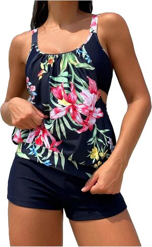 Floerns Women's 2 Piece Tankini Sets Tropical Print Scoop Neck with Shorts Bathing Suits in Saudi Arabia