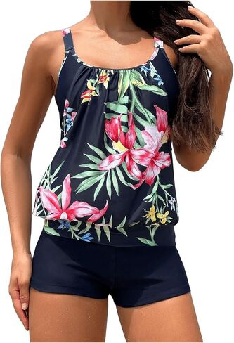 Floerns Women's 2 Piece Tankini Sets Tropical Print Scoop Neck with Shorts Bathing Suits in Saudi Arabia