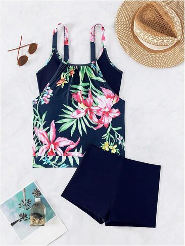 Floerns Women's 2 Piece Tankini Sets Tropical Print Scoop Neck with Shorts Bathing Suits in Saudi Arabia