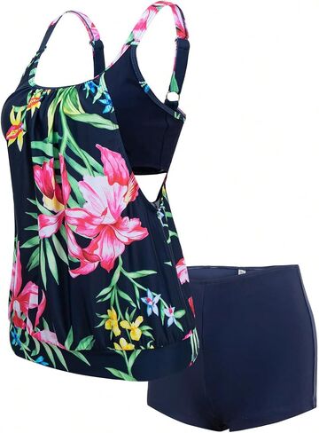 Floerns Women's 2 Piece Tankini Sets Tropical Print Scoop Neck with Shorts Bathing Suits in Saudi Arabia