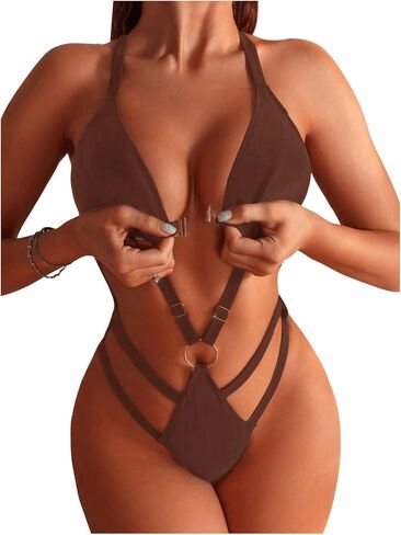 Women's Solid Ring Linked High Cut Out Backless One Piece Swimsuit Y2K Bathing Suits Swimwear Beachwear in Saudi Arabia