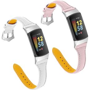 FitTurn [2 pack Compatible with Fitbit Charge 6/Charge 5 Bands Leather Narrow Luxury Genuine Leather Replacement Sport Wrist Strap Bracelet Men Women Band Accessories