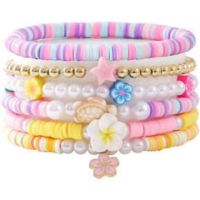 XAM 6-7PCS Colorful Clay Beaded Stretch Bracelets Set Flower Cross Love Heart Summer Boho Beach Jewelry for Women Girls Valentines Day Gift