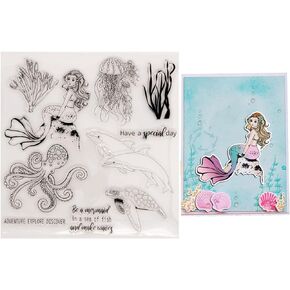 Arbuya Seaworld Mermaid Clear Stamps Jellyfish Octopus Dolphin Turtle Sea Weed Transparent Rubber Stamps for Cards Making DIY Scrapbooking JournalAlbum Decoration-A1906
