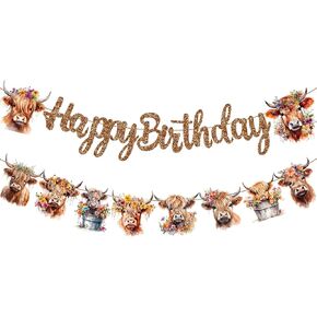 Brown Glitter Highland Cow Birthday Banner Highland Cattle Banner Decorations Highland Cow Birthday Party Decorations for Highland Cow Cattle Themed Birthday Party Baby Shower Supplies