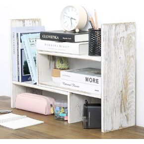 MyGift Adjustable Distressed Gray Solid Wood Desktop Storage Organizer Display Shelf Book Rack, Office Desk Bookshelf