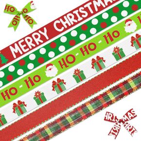 Hying 6 PCS Christmas Ribbons for Crafting, 3/8" Width Red Green Grosgrain Ribbons Xmas Trees Santa Ribbon Winter Holiday Craft Ribbons for Gift Wrapping DIY New Year Christmas Decorations