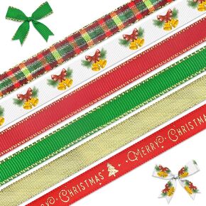 Hying 6 PCS Christmas Ribbons for Crafting, 3/8" Width Red Green Grosgrain Ribbons Xmas Trees Santa Ribbon Winter Holiday Craft Ribbons for Gift Wrapping DIY New Year Christmas Decorations