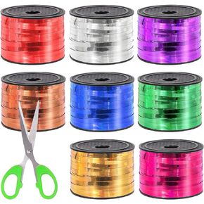 Swpeet 9Pcs 1/5" Wide x 100 Yards Metallic Curling Ribbon with Scissors Kit, 8 Colors Crimped Curling Ribbon Balloon Ribbon Gift Wrap for Gift Wrapping Party Festival Art Decoration Supplies