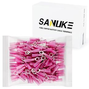 Sanuke 105Pcs 22-16 AWG - 1/4" Heat Shrink Ring Terminals 0.7mm Tinned Pure-Copper Marine Grade Waterproof Heat Shrink Wire Connectors Red