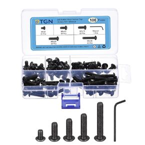 100Pcs M5(D) Button Head Socket Cap Screws Kit, 8/12/16/20/30mm(L) Carbon Steel Black Oxide Full Thread Hex Socket Cap Screw Assortment with S3 Wrench - Good for Machine