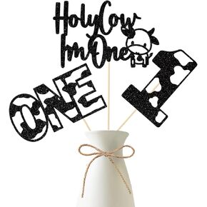 Holy Cow I'm One Centerpiece Sticks, Cow First Birthday Decoration,Cow Animals Themed Baby's 1st Birthday Party Decorations for Kids 12 Pieces Black