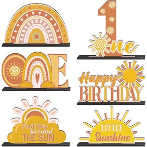 Suzile 6 Pcs Boho First Birthday Decorations Sunshine Party Centerpieces First Trip Around The Sun Decorations Rainbow Sun Letter Table Toppers for Baby Shower Girl Birthday Party Favor