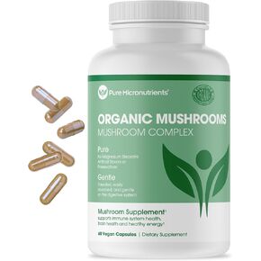 Pure Micronutrients Organic Mushroom Supplement - Lions Mane, Reishi, Chaga, Cordyceps & Turkey Tail Complex - Immune Support, Nootropic Brain Memory, Focus & Energy Pills - 60 Vegan, USA Grown