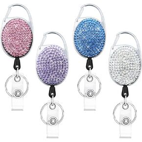 4PCS Badge Holder Retractable Clip with Bling Rhinestones Crystal, Sparkly Badge Reel with Belt Clip and Key Ring (White + Pink + AB Clour + Black)