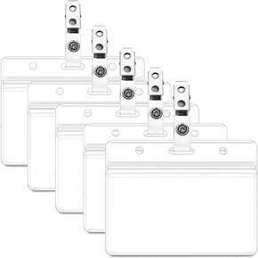 Waterproof ID Badge Holder Vertical Clear PVC Name Holder Tags with Badge Clip Straps (Horizontal, 5 Pack)