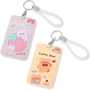 Mabor 2Pcs Kpop Photocard Holder Keychain Sliding Cute Cartoon Rabbit Bear Animal ID Badge Holder with Lanyard Badge Reel Stationery for School Student Bus Card ID Credit Cards Pendant